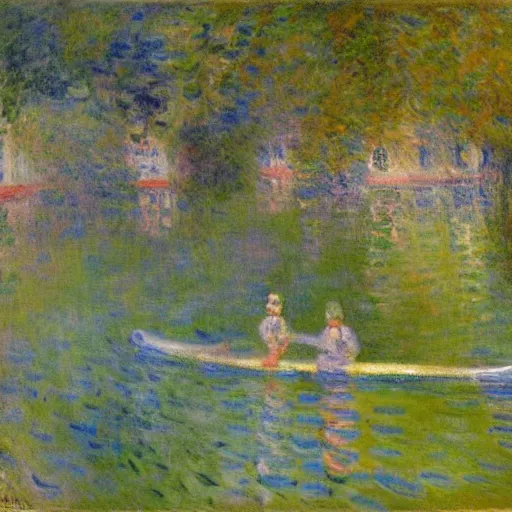 Image similar to an art gallery displaying monet paintings. the art gallery is flooded. robots are going around the art gallery using paddle boards.