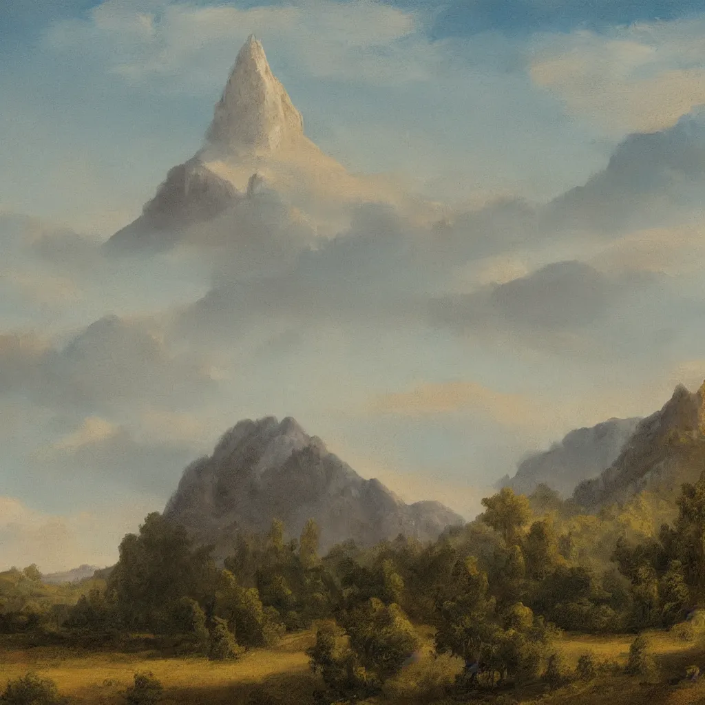 Image similar to a wide angle landscape of a praire with a very large thin spire mountain in the distance in the style of rococo digital painting