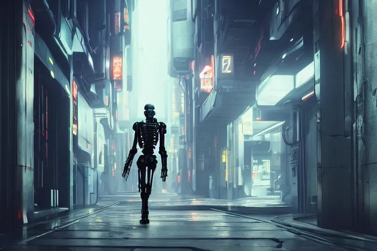 Image similar to cyberpunk skeletal black mecha android walking down hallway, Skeletal face single eye. long limbs black shiny. glowing_red_eye RTX UE5 Artstation Bladerunner_2049_scene!!!!!! Cyberpunk 2077 bladerunner2049!!! bladerunner!!! Dark figure walking down white hallway slightly offset fancy hallway. reflective floor!!!!! Tom Bagshaw and Greg Rutkowski and Alphonse Mucha