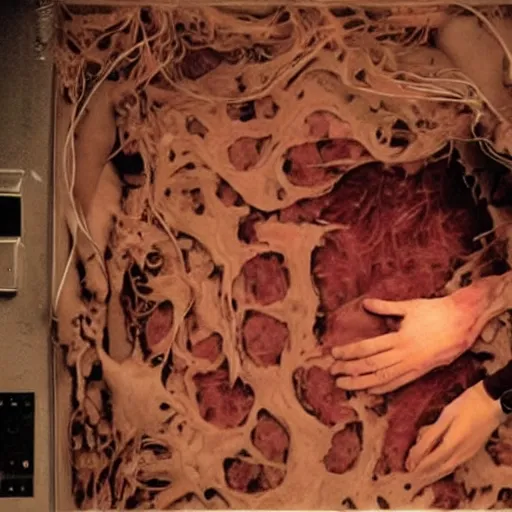 Image similar to scene from existenz, cinematic, a large box made out of human flesh, doom monster, electronic circuitry, skin, flesh!, blood, clumps of hair, lights, led, computer