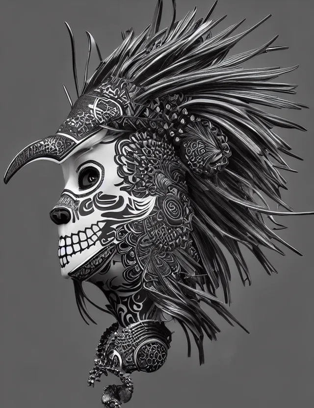 Image similar to 3 d goddess close - up profile simple portrait punk skull with mohawk with ram skull. beautiful intricately detailed japanese crow kitsune mask and clasical japanese kimono. betta fish, jellyfish phoenix, bio luminescent, plasma, ice, water, wind, creature, artwork by tooth wu and wlop and beeple and greg rutkowski