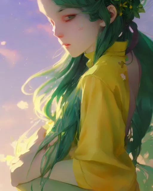 Image similar to girl with green hair and yellow clothing, flower decoration on the background, a beautiful half body illustration, top lighting, perfect shadow, soft painting, art by hidari and krenz cushart and wenjun lin