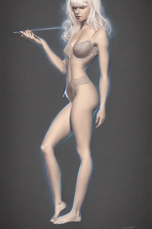 Prompt: full body portrait of a gorgeous petite teen model with platinum blonde hair wearing lingerie, hyper realistic, illustration, trending on artstation, HD, 4k, 8k, intricate detailed anatomy, character design, by james gurney and tom bagshaw