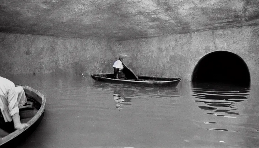 Image similar to 1 9 7 0 movie still of a man in a small boat in a tunnel flooded in blood, eastmancolor, heavy grain, high quality, high detail, refined face