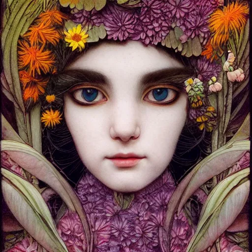 Image similar to white cat girl, botanical, portrait face, colorful, frantisek kupka, intricate, miles johnston, kuroda seiki, cynical realism, ozabu, john william godward, painterly, yoshitaka amano, moebius, miles johnston, louise zhang, james jean, mark ryden lowbrow pop surrealism art style