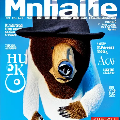 Prompt: magazine cover with bear in a hat. 8k resolution. hyperrealistic