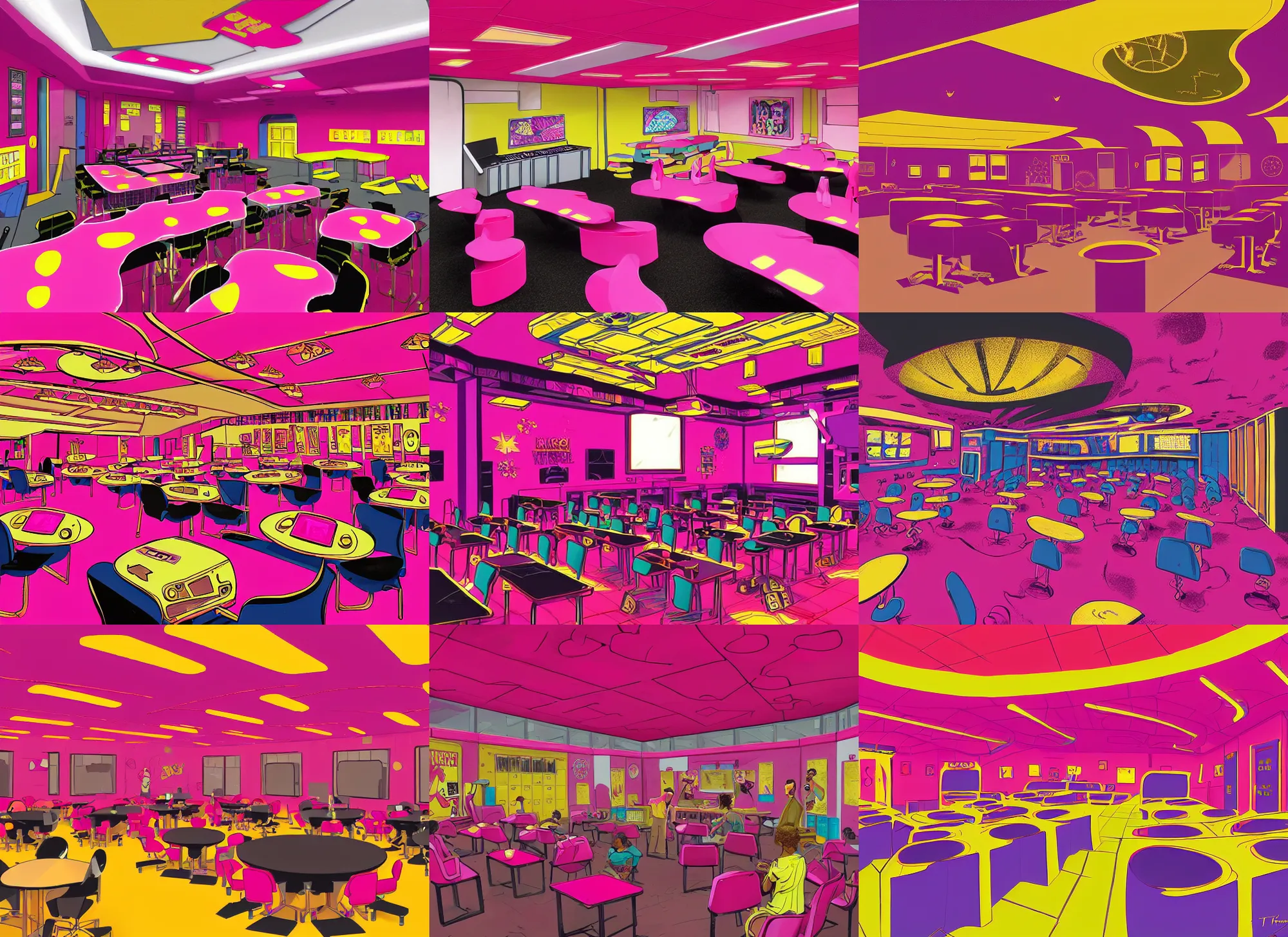 Prompt: an afro futuristic classroom, hot pink and gold color scheme, painted by tim doyle kilian eng and thomas kinkade,