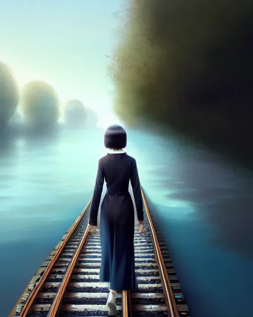 Prompt: photo of chihiro walking along train tracks stretching out toward the horizon that are submerged under a few inches of water, intricate, elegant, highly detailed, digital painting, artstation, concept art, smooth, sharp focus, illustration, art by artgerm and greg rutkowski and fra angelico