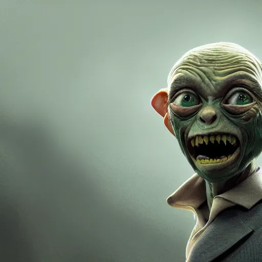 Prompt: donald trump as gollum with hair, suit, smiling, intricate, detailed, volumetric lighting, scenery, digital painting, highly detailed, artstation, sharp focus, illustration, concept art, ruan jia, steve mccurry