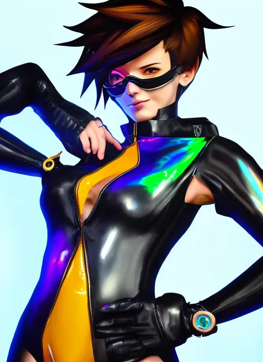 Image similar to full body digital artwork of tracer overwatch, wearing black iridescent rainbow latex swimsuit, 4 k, expressive happy smug expression, makeup, in style of mark arian, wearing detailed black leather collar, wearing chains, black leather harness, leather cuffs around wrists, detailed face and eyes,