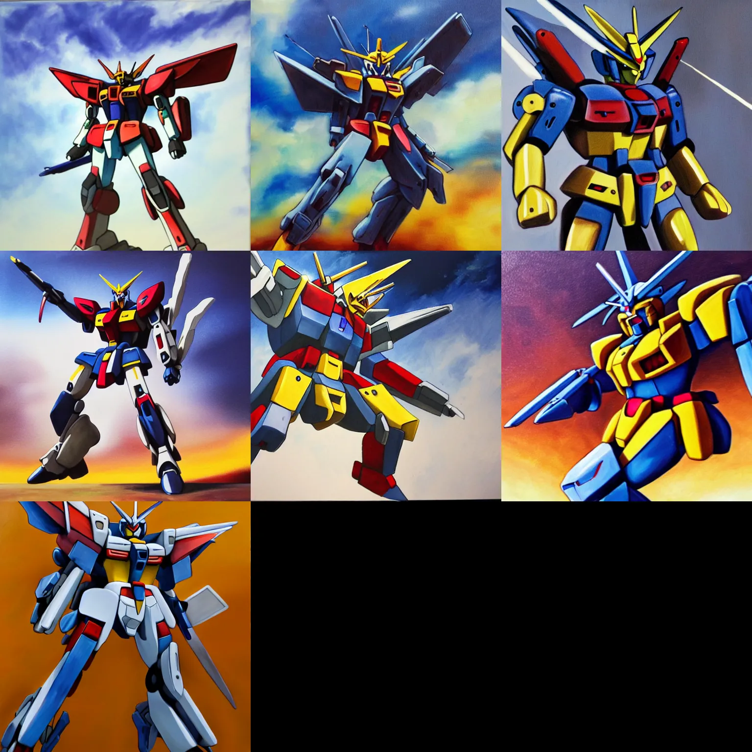 Prompt: a painting and rendering of a gundam in motion