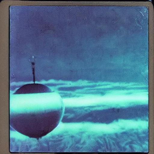 Prompt: Blue light in the sky, flying over rural Vietnam, UFO, orb, blue orb, night, 1969, Polaroid