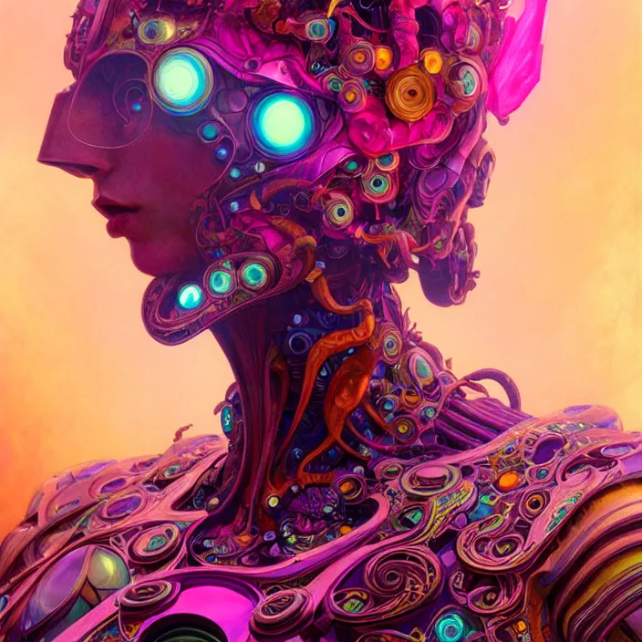 Prompt: bright psychedelic organic cyborg, 4th dimensional creature, diffuse lighting, fantasy, intricate, elegant, highly detailed, lifelike, photorealistic, digital painting, artstation, illustration, concept art, smooth, sharp focus, art by John Collier and Albert Aublet and Krenz Cushart and Artem Demura and Alphonse Mucha