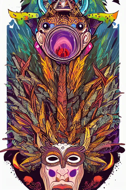 Image similar to animal mask totem roots flower tribal feather gemstone plant wood rock shaman vodoo video game vector cutout illustration vivid multicolor borderlands comics by josan gonzales and dan mumford radiating a glowing aura