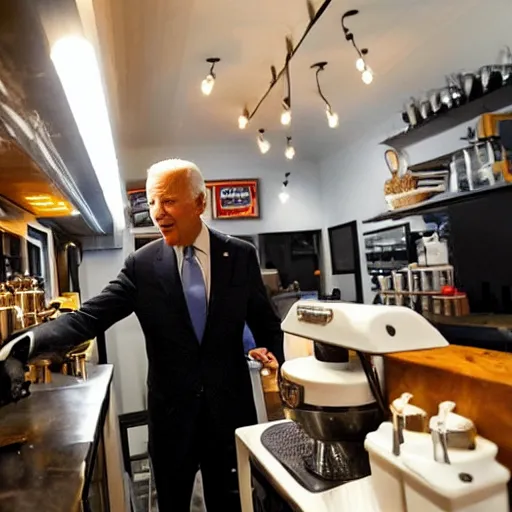 Image similar to Joe Biden, the ultimate barista, making a latte, low lit coffee shop