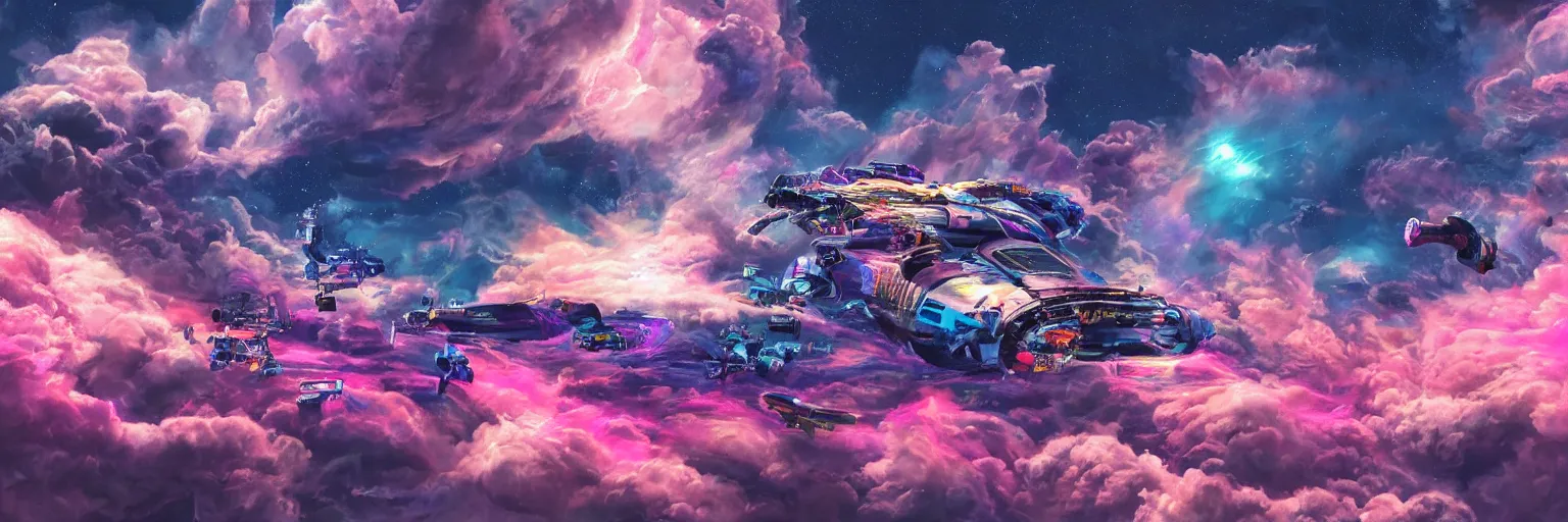 Prompt: oil painting, ultra detailed, the middle view dog, run, spase dogs and punks running with neon mohawks, space, dark, stars, pink, pirate neon ship with punks on board, neon, rich deep colors masterpiece, contrast, clouds, sky, volumetric light, atmospheric lighting, dramatic, cinematic, moody, octane render 4 k, 8 k