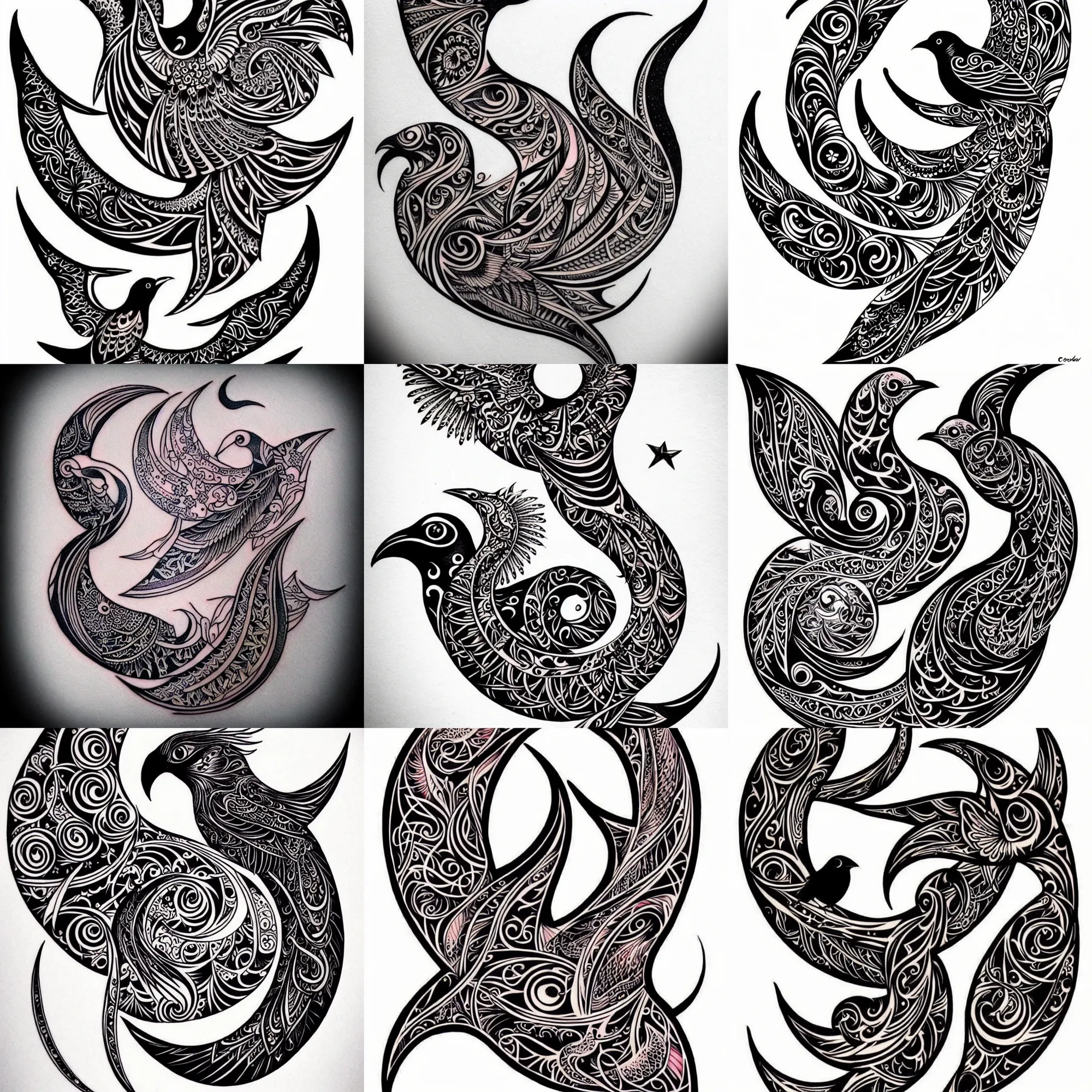 Prompt: psychedelic tattoo design of black bird and crescent moon, elegant, classy, highly detailed, intricate