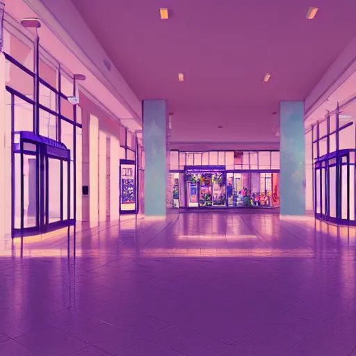 Image similar to vaporwave 9 0 s dreamy empty shopping mall, highly detailed, 3 d render, vray, octane, realistic lighting, photorealistic