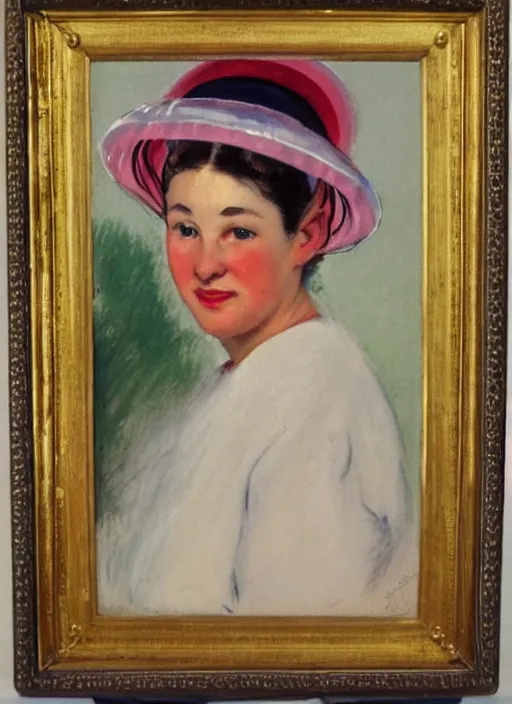 Prompt: vintage beautiful painting of a nurse wearing a jellyfish hat in Mary Cassatt style