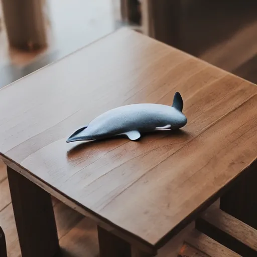 Prompt: [ miniature whale ]! sitting on a [ wooden table ]!, focal blur!, 4 k photorealistic photography, trending on unsplash, zoomed out photography