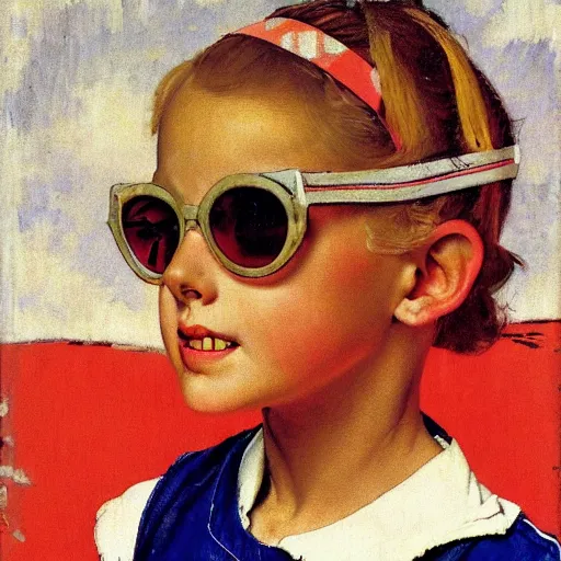 Prompt: a norman rockwell painting of a classic young girl wearing brightly colored cheap sunglasses