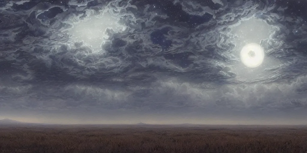 Prompt: the cloudy moonlit sky, landscape art by donato giancola and greg rutkowski, digital art, trending on artstation, symmetry!!, volumetric lighting, hdr, starry night