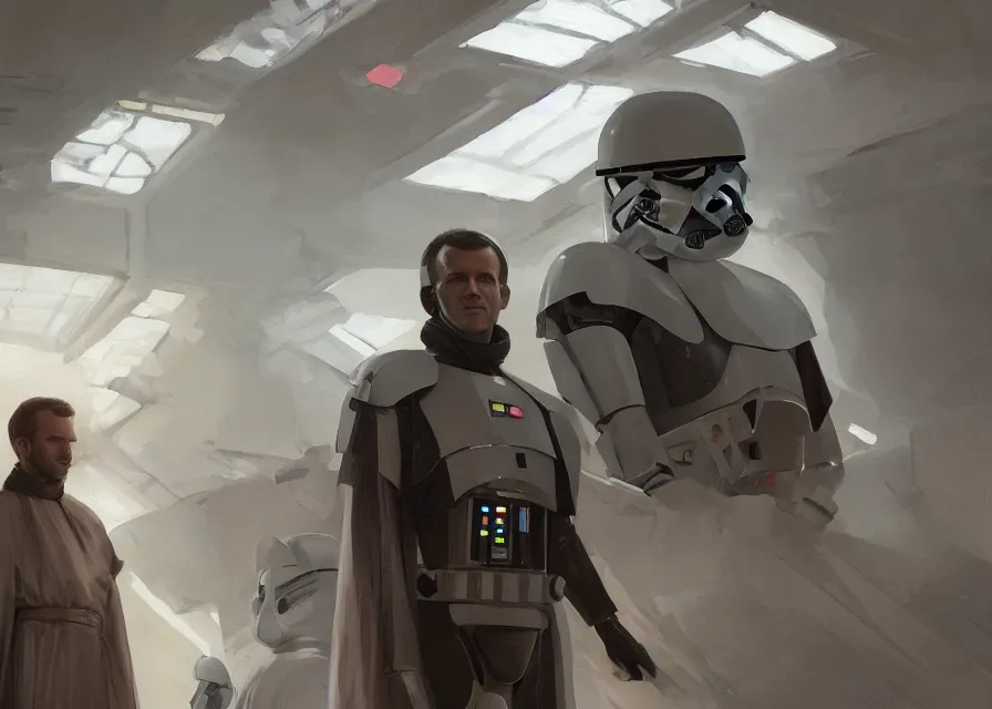 Image similar to painting of Emmanuel Macron dressed as in Star Wars,(((( inside the galactic senate)))), sharp focus, full body, trending on ArtStation, masterpiece, by Greg Rutkowski, by Ross Tran, by Fenghua Zhong, octane, clear eyes, soft render, clear facial features, oil on canvas, moody lighting, cinematic, professional environment concept art