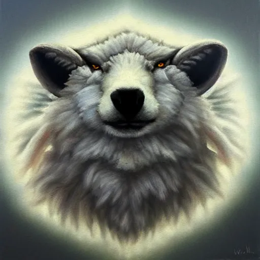 Image similar to wolf sheep head, oil painting, front view, artstation, dramatic lighting, symmetry, beautiful