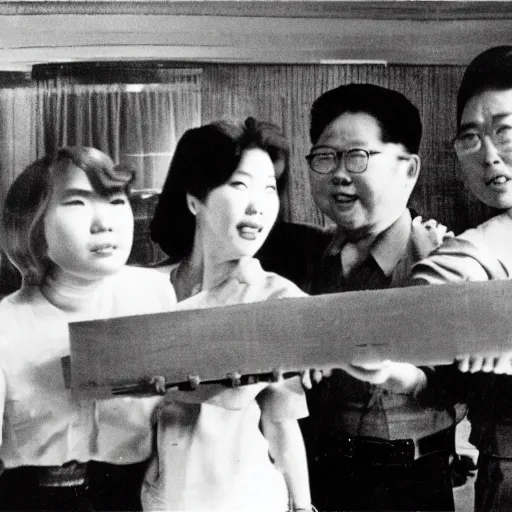 Image similar to rare vintage footage of Godzilla, Choi Eun-hee and Kim Jong-il, obscured underexposed view