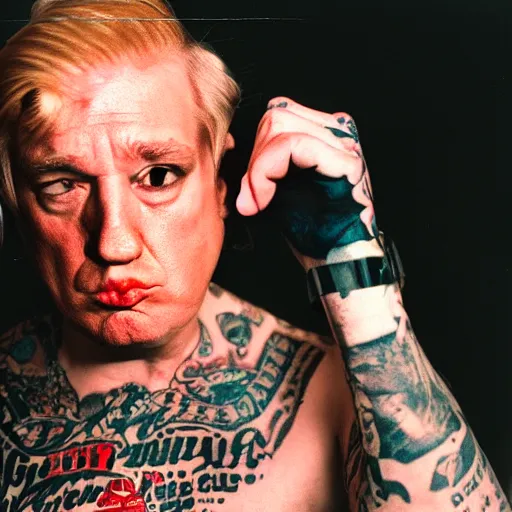 Prompt: photo of Gangster donald trump with tattoos on face cinestill, 800t, 35mm, full-HD