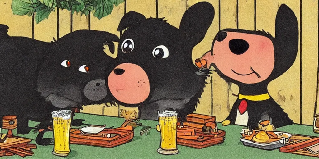 Image similar to a small black dog drinking beer by richard scarry