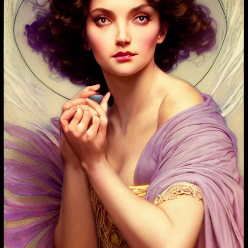 Image similar to beautiful female wizard with lavender skin casting swirling magic spell, nge, dark fantasy, three quarter profile face closeup, intricate, highly detailed, digital painting, volumetric light, artstation, concept art, smooth, sharp focus, illustration, art by gil elvgren and greg rutkowski and luis royo, and alphonse mucha, 8 k