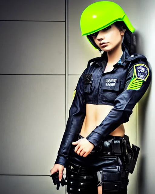 Image similar to young female police officer, neon, cyberpunk, futuristic clothing