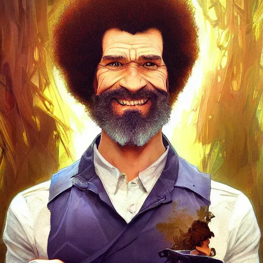 Image similar to portrait of cyborg bob ross intricate, elegant, highly detailed, my rendition, digital painting, artstation, concept art, smooth, sharp focus, illustration, art by artgerm and greg rutkowski and alphonse mucha and uang guangjian and gil elvgren and sachin teng, symmetry!!