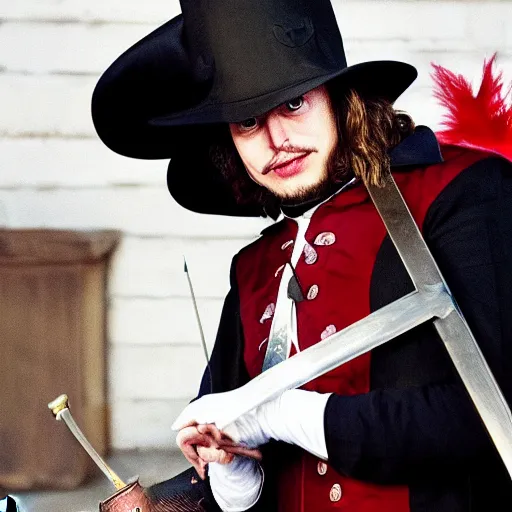 Image similar to photo of elon musk as a musketeer, he has a big black hat with a red feather and he is holding a shiny rapier sword