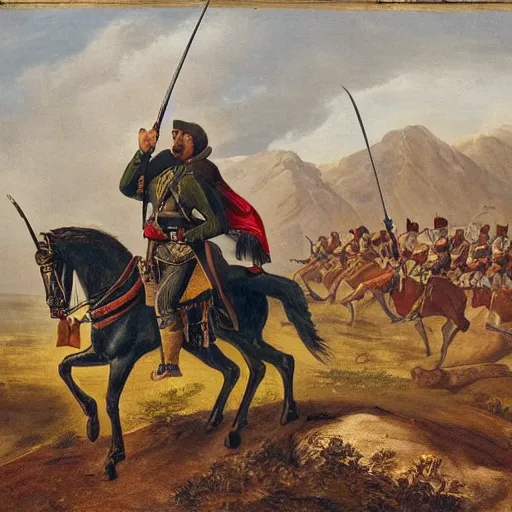 Image similar to portrait of a man mounted on horseback while raising a sword with his right hand pointed north, behind him 1 0 0 0 people can be seen fighting with swords and muskets typical of the war of independence, low light, cloudy, mountains in the foggy background