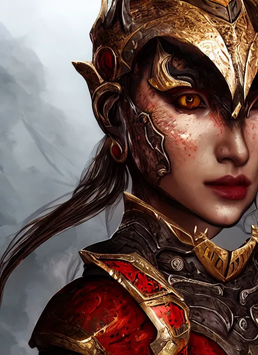 Prompt: A close-up portrait of a beautiful woman demon priestess wearing finely detailed armor forged by the ancient gods blood eyes with studio lighting background unreal engine trending on artstation