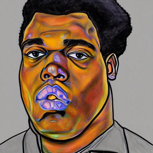 Image similar to a portrait of biggie smalls in style of egon schiele, notorious b. i. g., masterpiece, hyperdetailed, complex, intricate, 4 k, trending on artstation