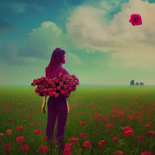 Prompt: woman with a rose flower face standing in flower field, surreal photography, sunrise, colorful clouds, artstation, simon stalenhag