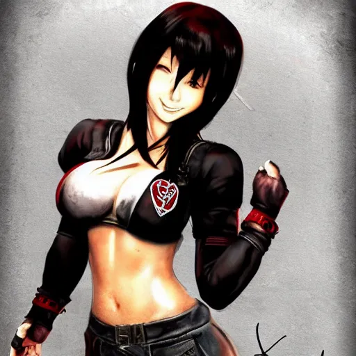 Prompt: high quality art of tifa lockhart with tattoos, smiling, trending on artstation