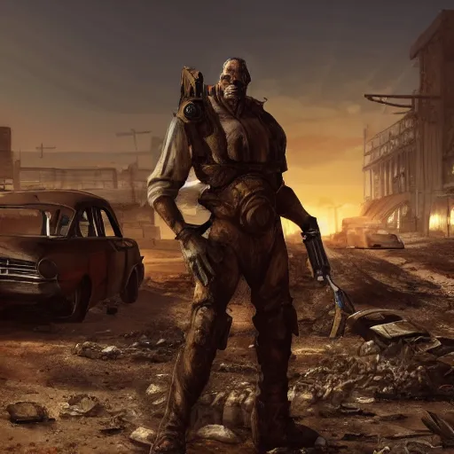 Image similar to pc game cover with a broken down car in wasteland fallout style with a mutant standing in front of in. artstation trending 4 k award winning