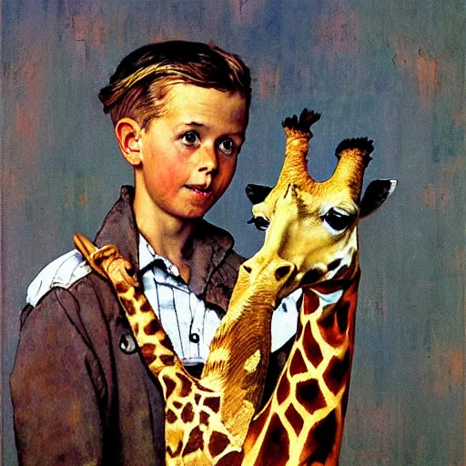 Image similar to a Norman Rockwell painting of a boy and his pet giraffe