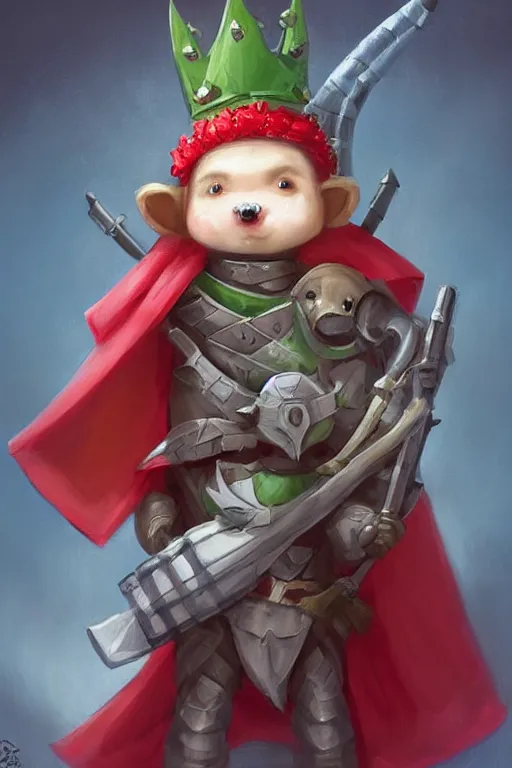 Image similar to cute anthropomorphic watermelon knight wearing a cape and a crown and holding a sniper, tiny, small, miniature bear, baby animal, short, pale blue armor, cute and adorable, pretty, beautiful, DnD character art portrait, matte fantasy painting, DeviantArt Artstation, by Jason Felix by Steve Argyle by Tyler Jacobson by Peter Mohrbacher, cinematic lighting