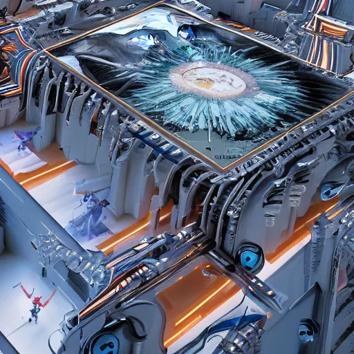 Image similar to sci-fi motherboard structure on the coronation of napoleon painting and digital billboard in the middle, unreal engine 5, keyshot, octane, artstation trending, ultra high detail, ultra realistic, cinematic, 8k, 16k, in style of zaha hadid, in style of nanospace Michael Menzelincev, in style of Lee SOUDER, colors in style of the Blade Runner 2049, in plastic, dark, tilt shift,