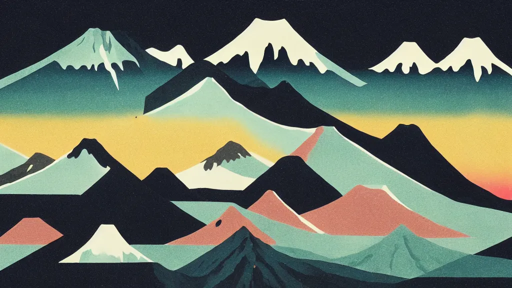 Image similar to japan tateyama mountain range toyama, a collage painting, in the style of wes anderson, lola dupre, david hockney, isolated on negative space background dark monochrome neon spraypaint accents volumetric octane render