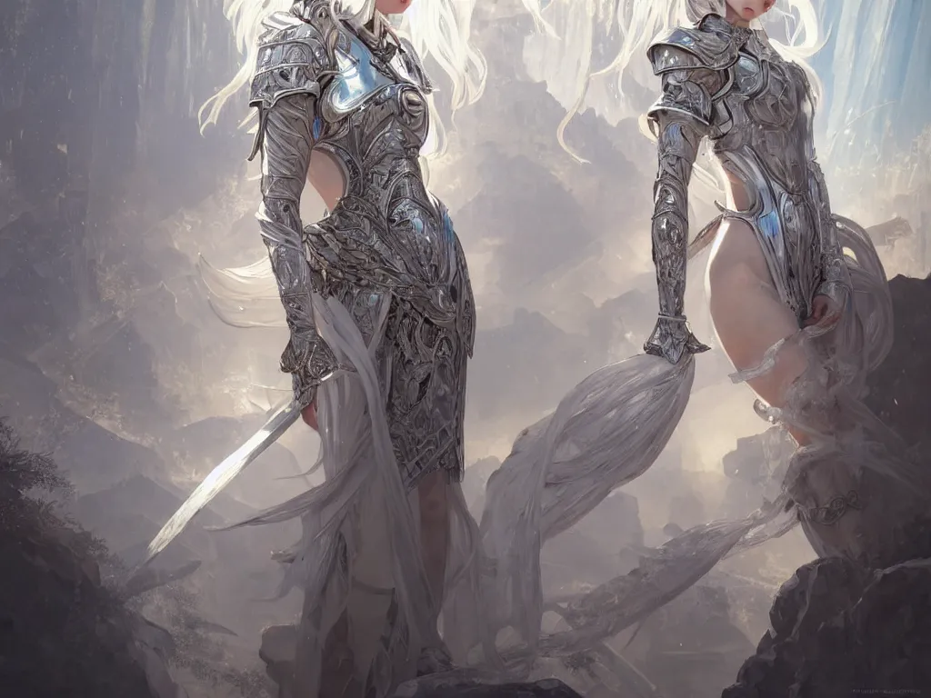 Image similar to portrait white hair knights of zodiac girl, sliver ice color reflected armor, in ruined agora of athens sunrise, ssci - fi and fantasy, intricate and very very beautiful and elegant, highly detailed, digital painting, artstation, concept art, smooth and sharp focus, illustration, art by tian zi and wlop and alphonse mucha