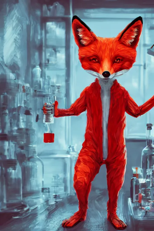 Image similar to a humanoid fox wearing scientist's clothes holding a red chemical, digital painting, masterpiece, digital art, high quality, highly detailed, concept art, trending on deviantart, high coherence, anatomically correct, five fingers, cinematic, high definition, path traced, laboratory background