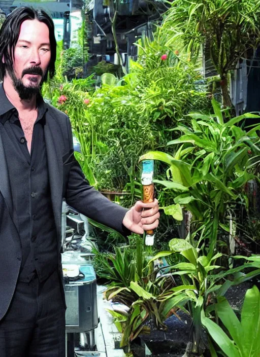 Prompt: solarpunk keanu reeves working in a garden, cyberpunk 2 0 7 7 wake up samurai, solarpunk, lots of plants, gardening, permaculture, anarchy, realistic, ultra detailed