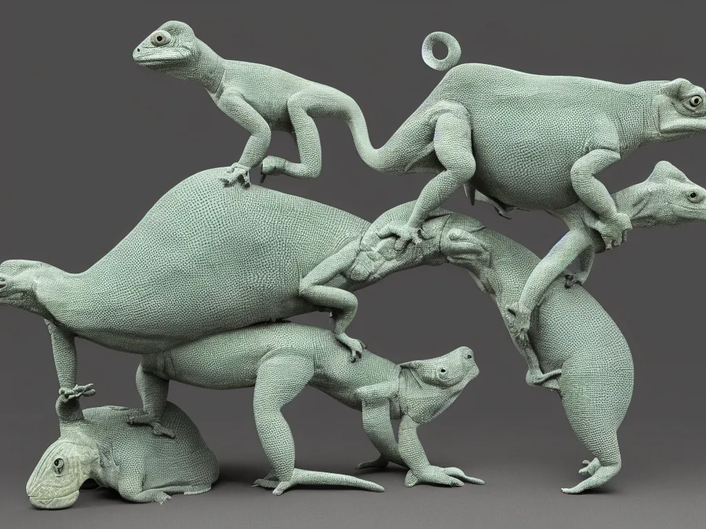 Prompt: Chameleon and tapir collaborating when crafting a lambda statue. Hyper realistic 3D rendering