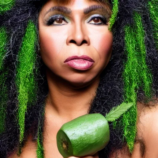 Prompt: tina turner portrait, green turnip hair leaves, colored, dslr, photoshoot